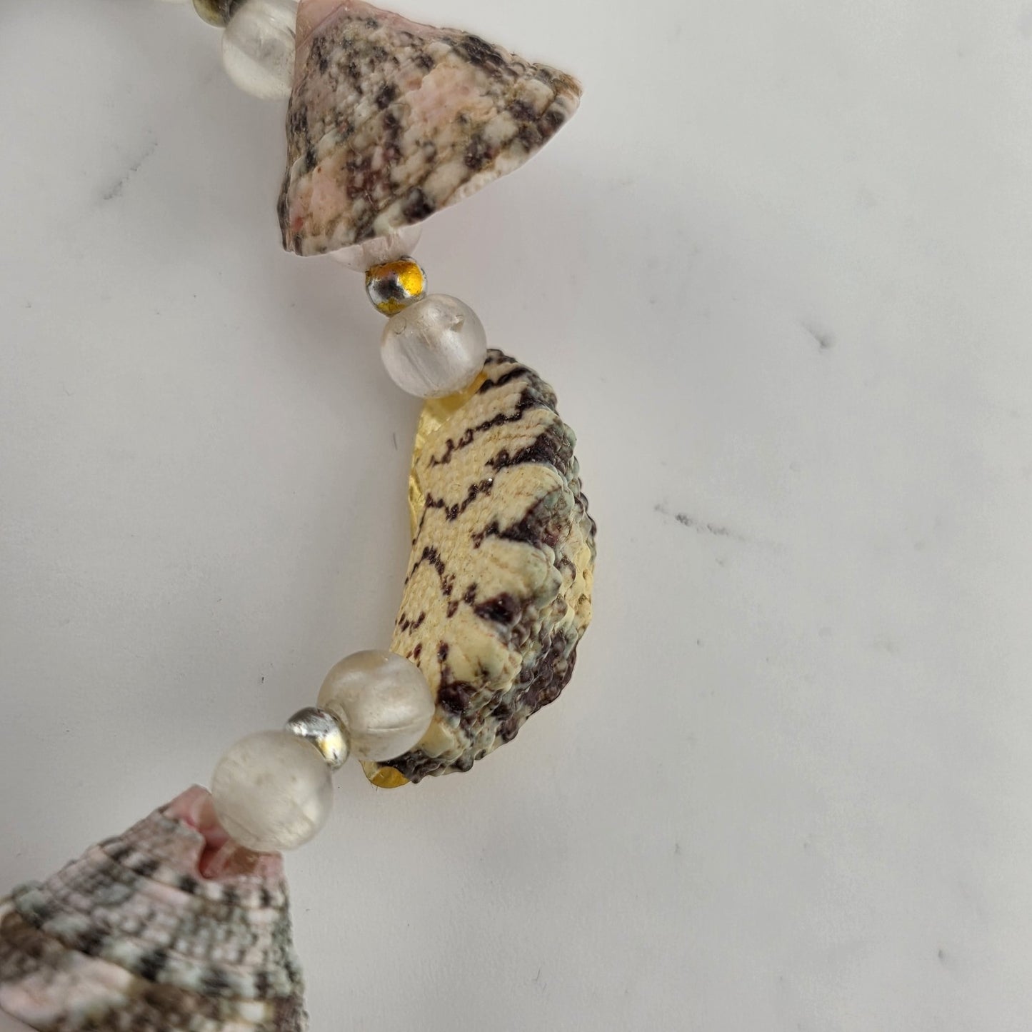 Sea Shell Bead Necklace Pink Green Gold Boho Tribal Ethnic Vintage 16 Inches