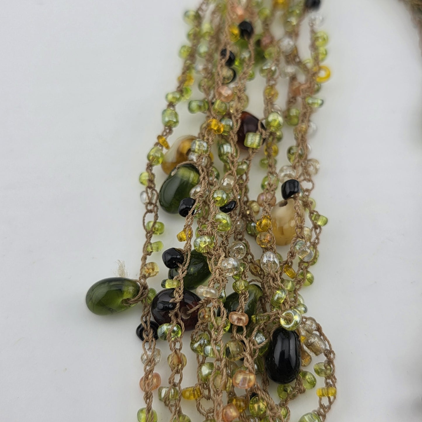Multistrang Gemstone Handmade Crochet Necklace Olive, avocado Green tones 18"
