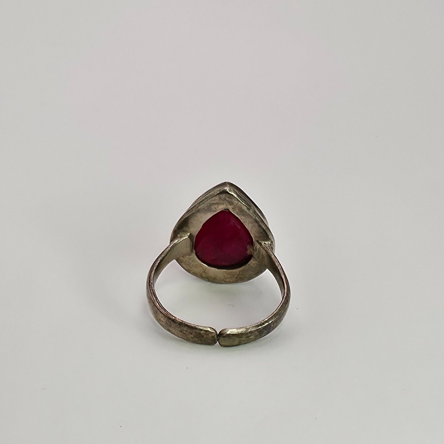 925 Sterling Silver Teardrop Ruby Ring Adjustable Band Boho Red Faceted Artisan