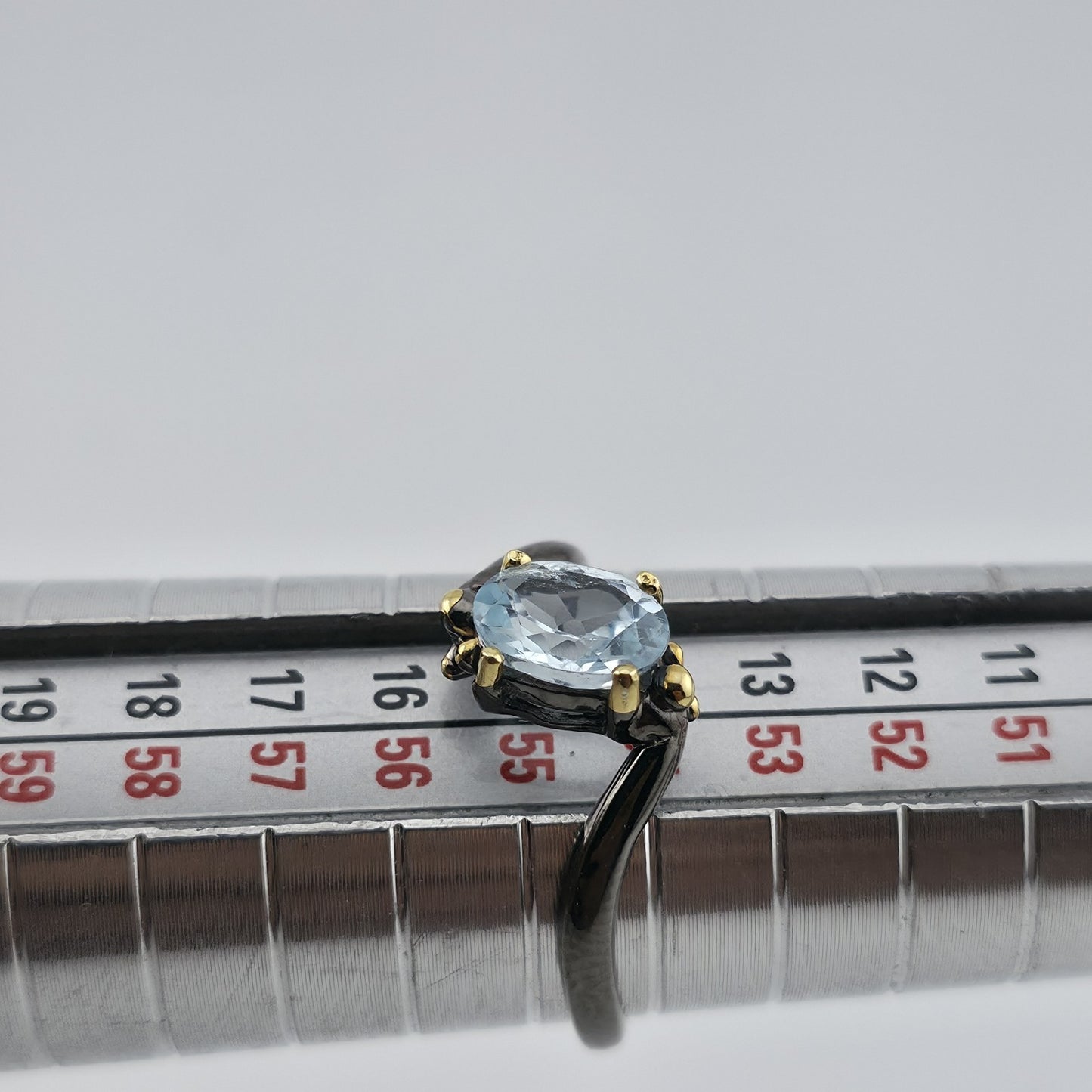 Natural Blue Topaz Ring 925 Sterling Silver Size 7 Black Oxidized Two-Tone