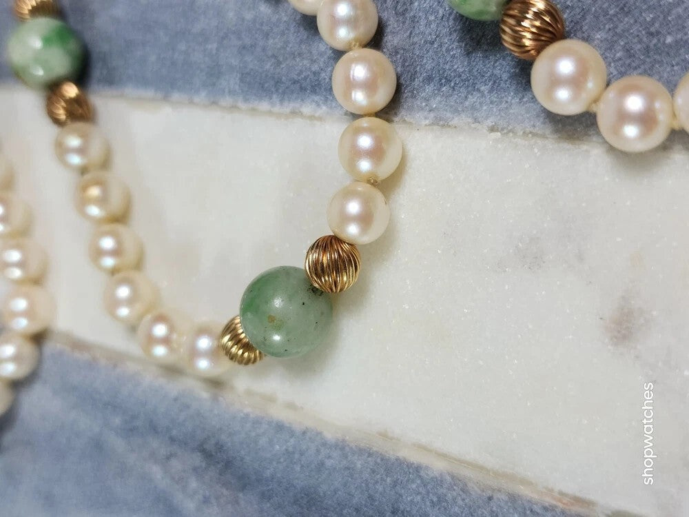 Pearl Jade Gold Beaded Necklace 30" 12K GF Beads 10K Gold Clasp Vintage