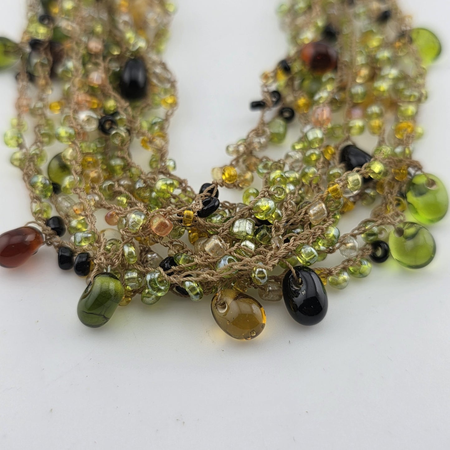 Multistrang Gemstone Handmade Crochet Necklace Olive, avocado Green tones 18"
