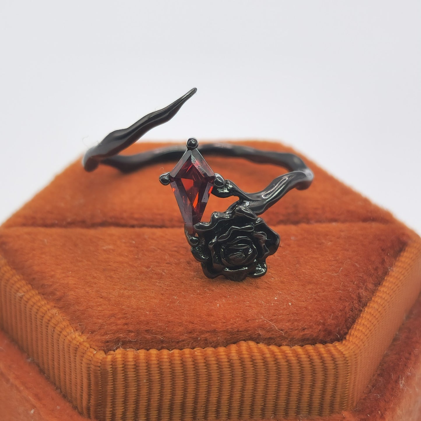925 Sterling Silver Gothic Ring Black Rose Blood Red Zircon Emo Witch Adjustable