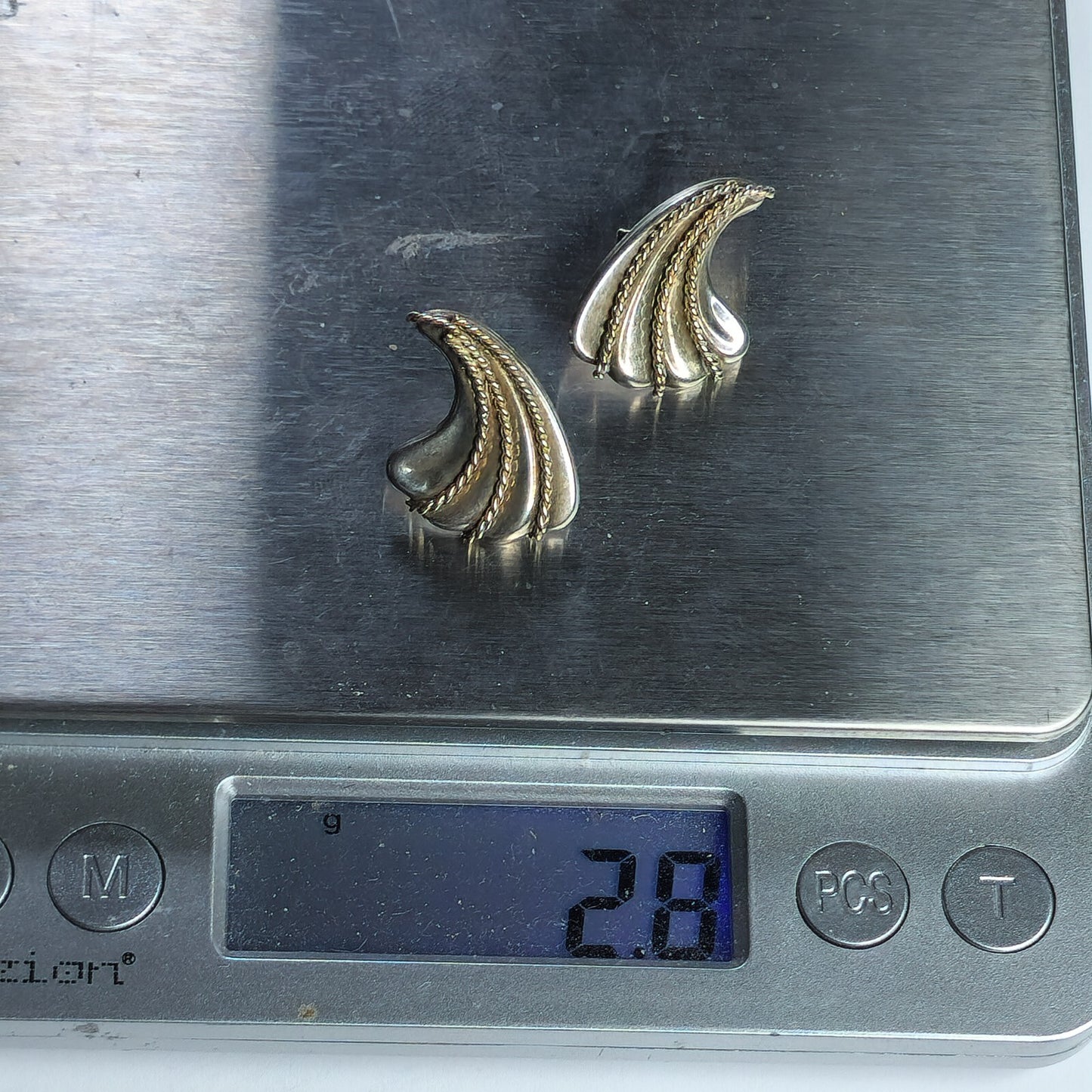 925 Sterling Silver 14k Gold Earrings Twisted Rope Wave wings fans Post Vintage