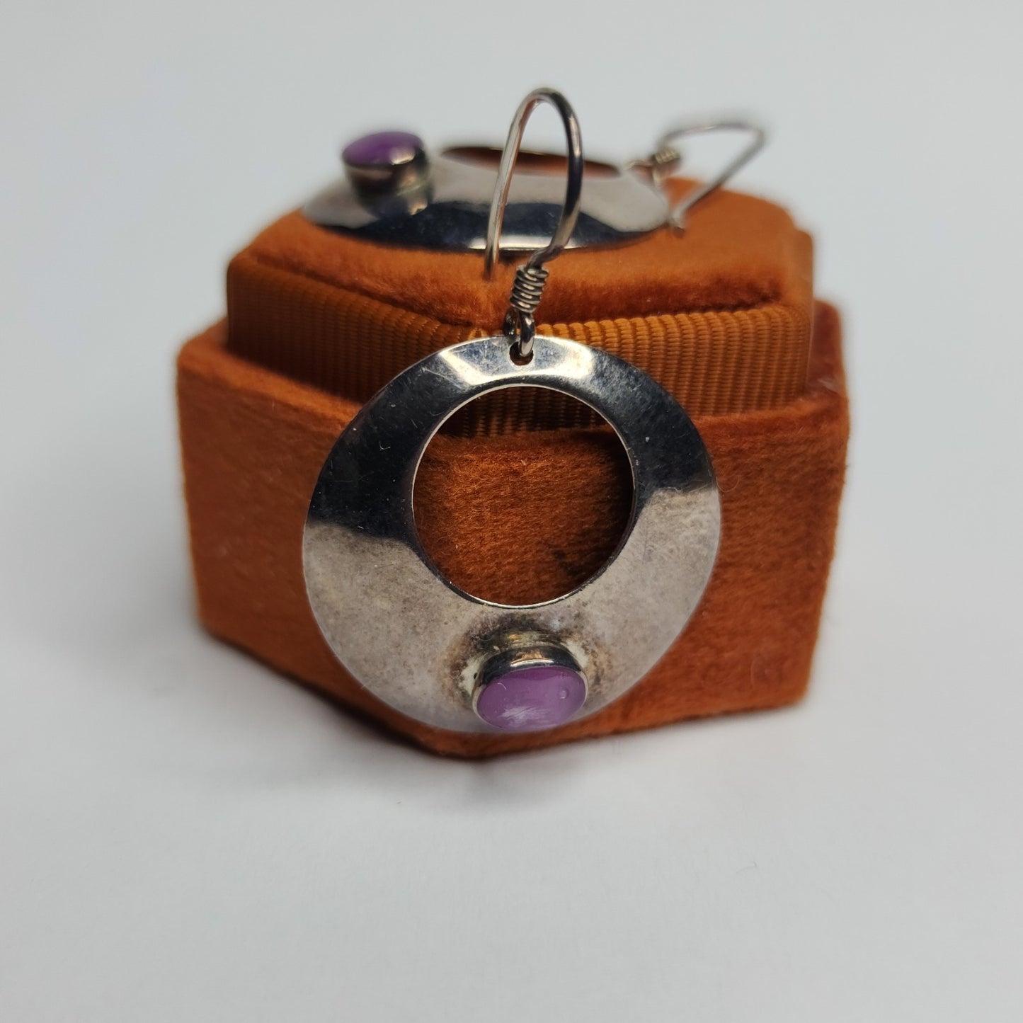 925 Sterling Silver Earrings Dangle Purple Stone Modernist Circle Signed NF VTG
