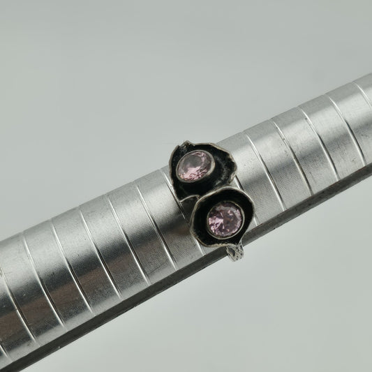 Sterling Silver 925 Ring Brutalist Organic Textured Floral Double Pink Stone 6.7