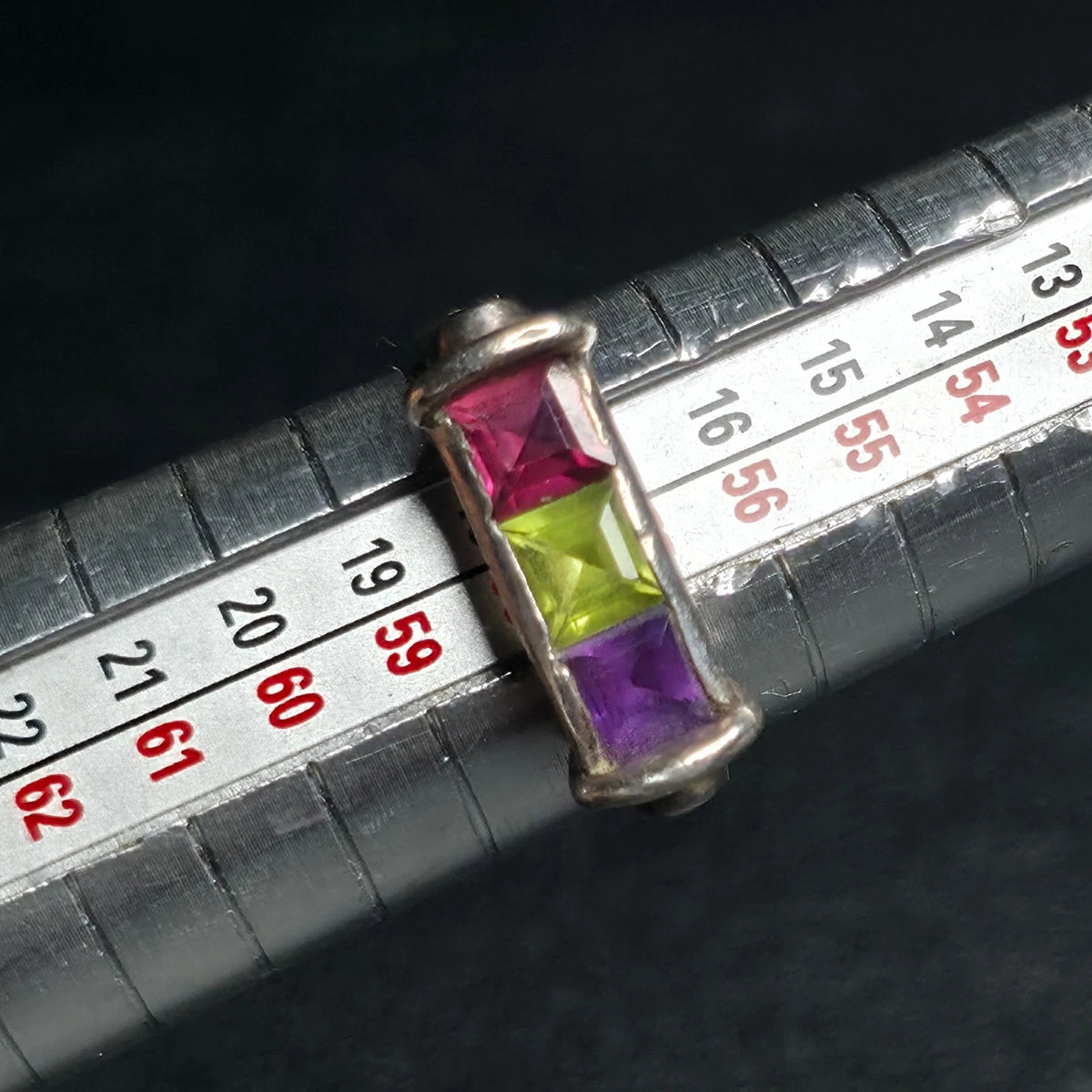 Mexican Sterling Silver Ring 3 Stone Bar Pink Green Purple Size 9