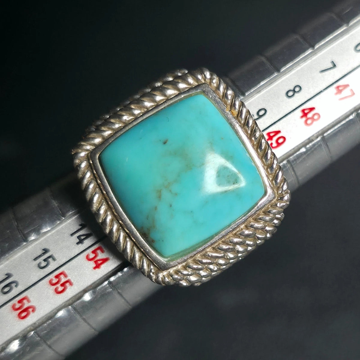 Vintage Sterling Silver Turquoise Ring Square Cabochon Rope Bezel Filigree Sz 6