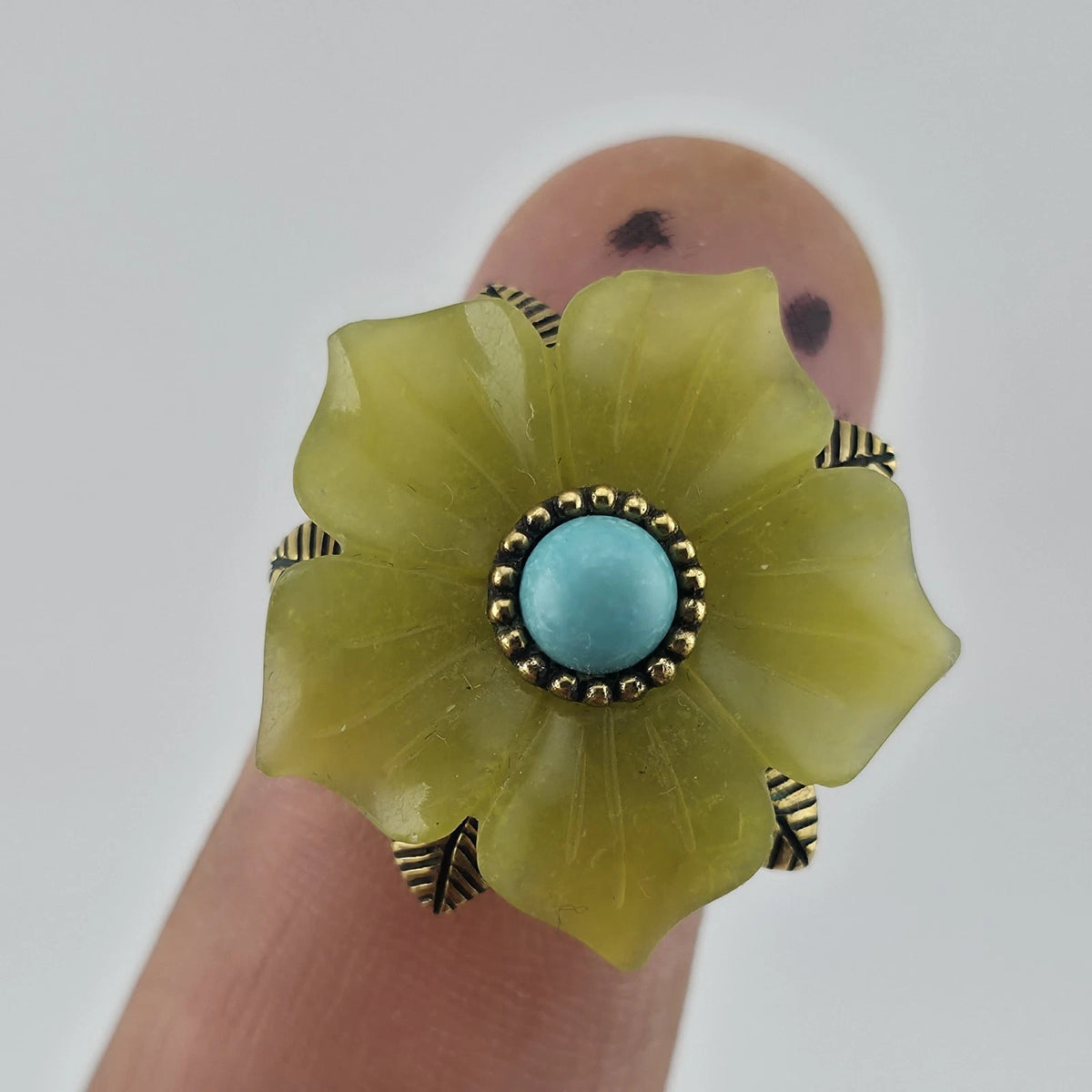 Sterling Silver Bronze Flower Ring Size 7 Yellow Floral Turquoise Cabochon 925