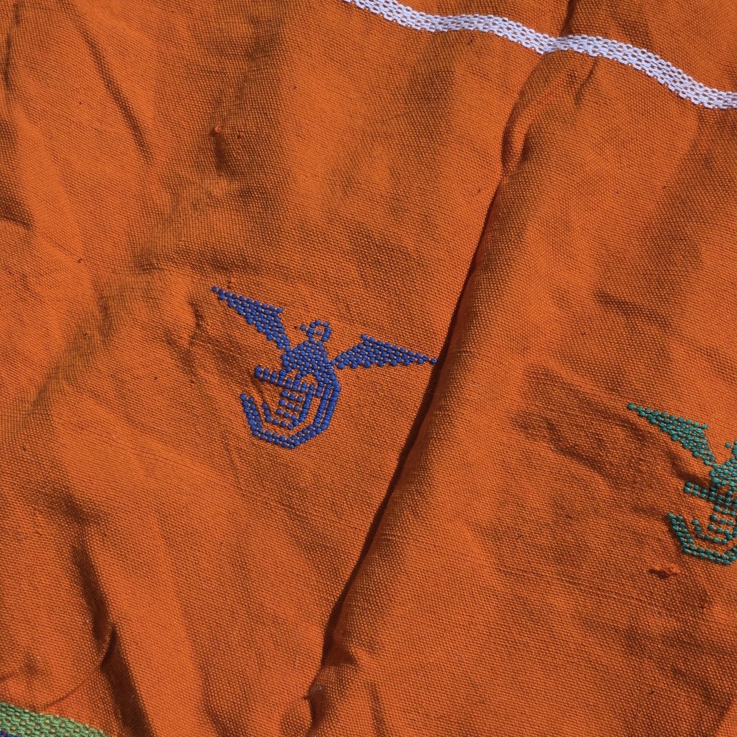 Vintage Mexican Handwoven Orange Blanket Bird Embroidery Serape Textile Throw