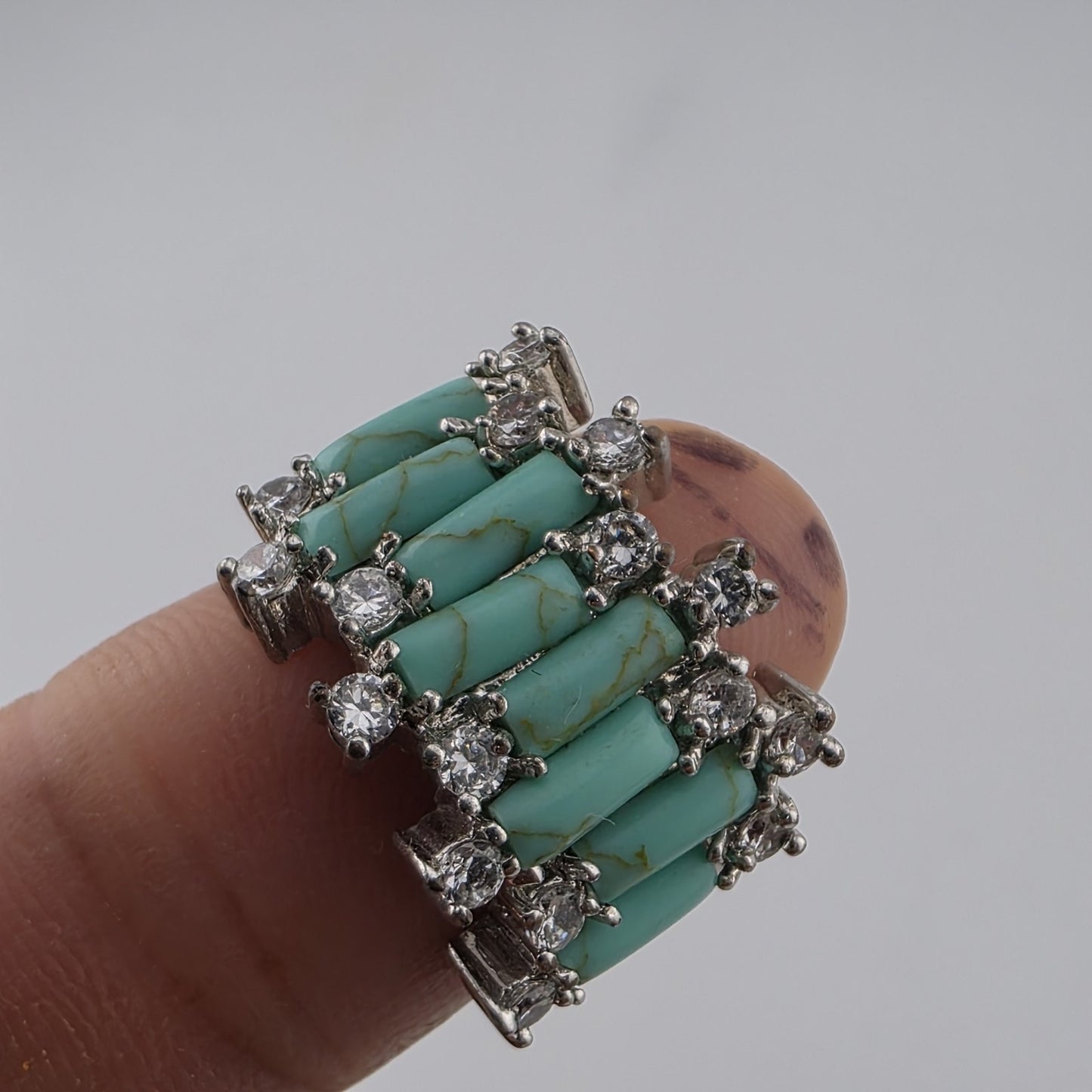Silver Tone Faux Turquoise & Clear Stone Statement Ring Size 8 Costume fashion