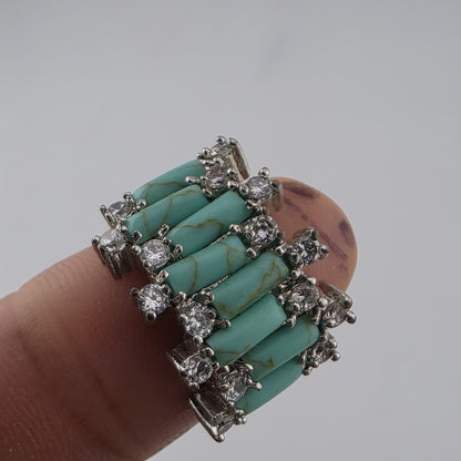 Silver Tone Faux Turquoise & Clear Stone Statement Ring Size 8 Costume fashion
