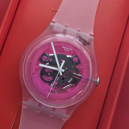 Rare Swatch Swiss PINKMAZING New Gents PINK SKELETON DIAL Silicone Strap 41MM