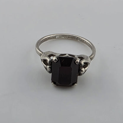 Vintage Sterling Silver Ring SARAH COVENTRY Emerald-Cut Garnet Solitaire 7.75