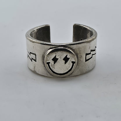 Sterling Silver 925 Smiley Face Ring Size 9 Wide Band Lightning Star Vintage