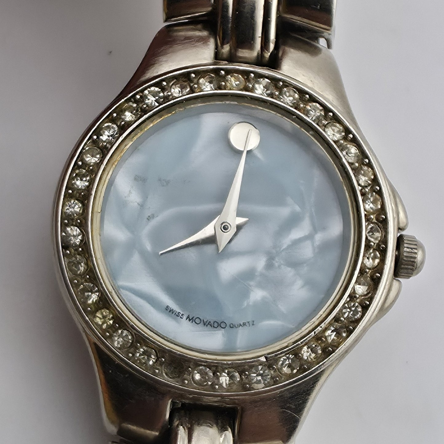 Movado Women’s Swiss Quartz Watch Blue MOP Dial Rhinestone Bezel New Battery