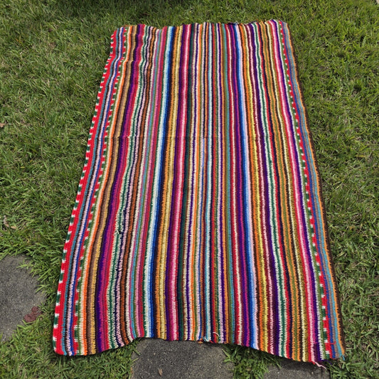 Vintage Handmade Multicolor Wool Mexican Serape Blanket Boho Folk Textile Throw