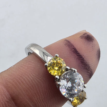925 Sterling Silver CZ Three Stone Ring Size 8.75 Clear Yellow Stones