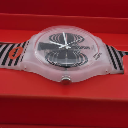 NEW Swatch MASKARA Skeleton Clear Dial Silicone Stripes Watch SUOW122