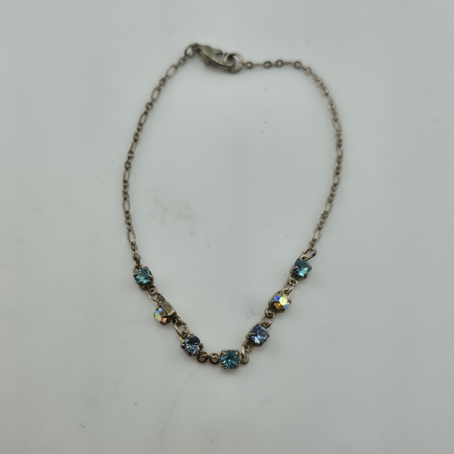 Blue Aurora Borealis Rhinestone Bracelet Silver Tone Delicate Chain 8.5in