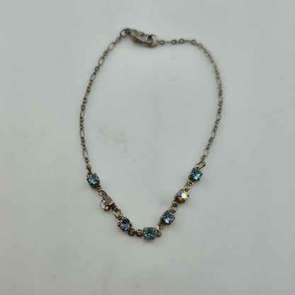 Blue Aurora Borealis Rhinestone Bracelet Silver Tone Delicate Chain 8.5in