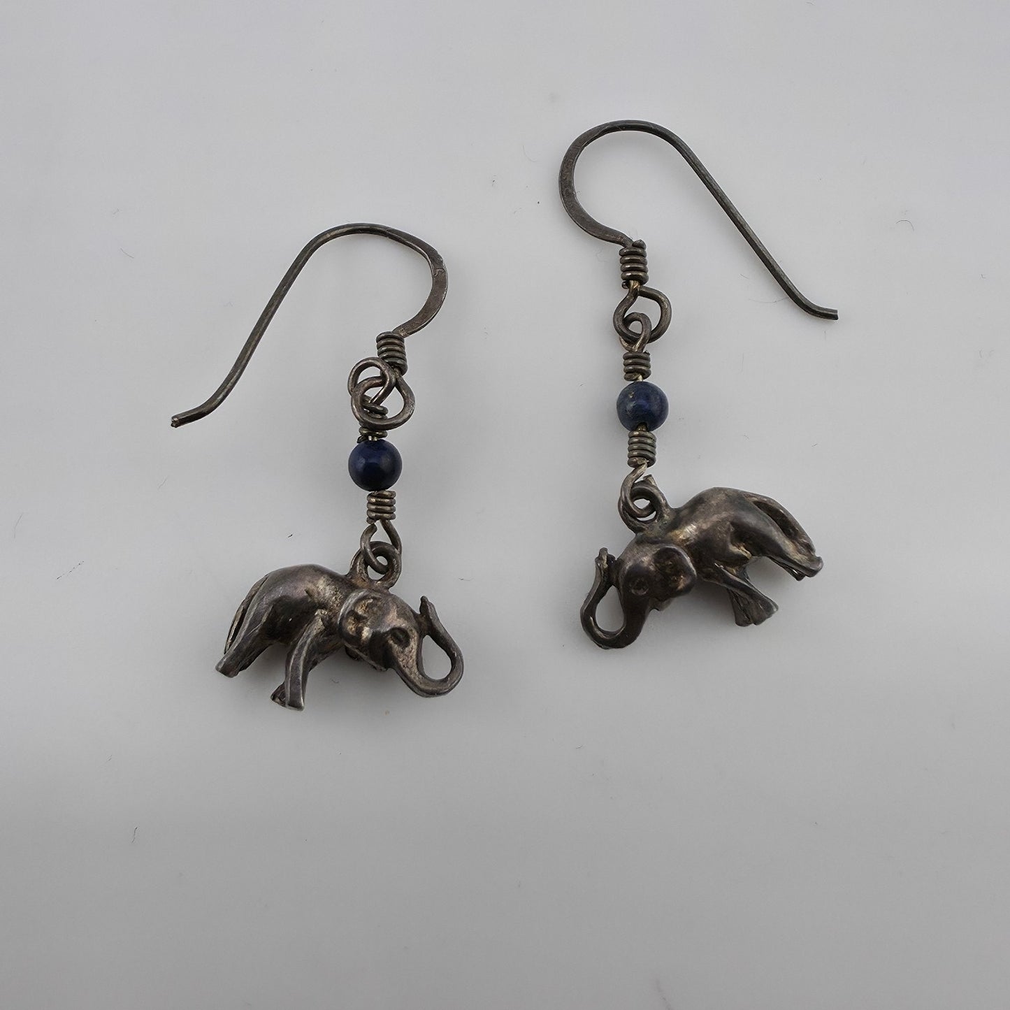 Vintage Elephant Dangle Earrings Blue Bead Silver Tone Boho Tribal Jewelry