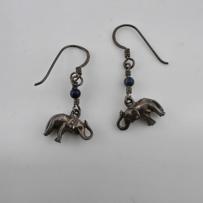 Vintage Elephant Dangle Earrings Blue Bead Silver Tone Boho Tribal Jewelry