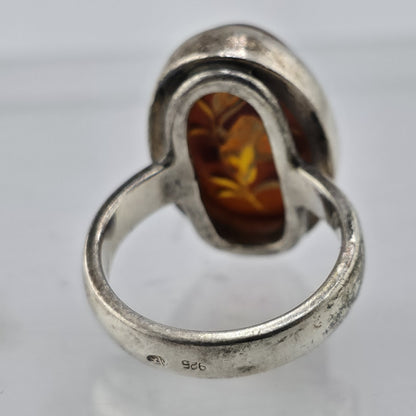 Polish Baltic Amber Reverse Carved Sterling Silver Ring 925 Size 8 Vintage