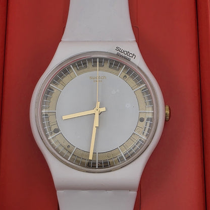 New Limited Swiss Swatch SILIWHITE SUOW158 White Gold 41mm Silicone Watch NIB