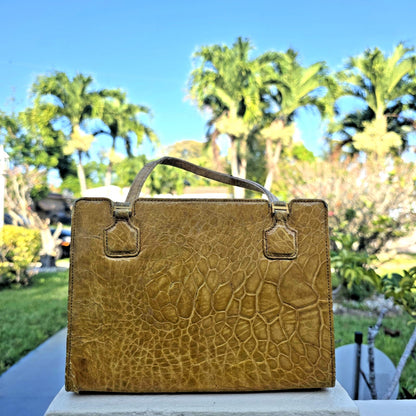 Vintage Saks Fifth Avenue Yellow Exotic Leather Handbag 1950s France Mid Century