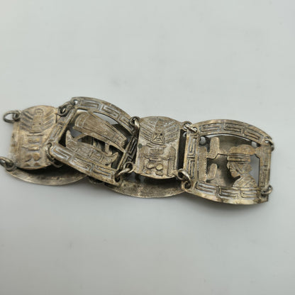 Vintage Sterling Peruvian Story Panel Link Bracelet Cultural Motif Design 15.5g