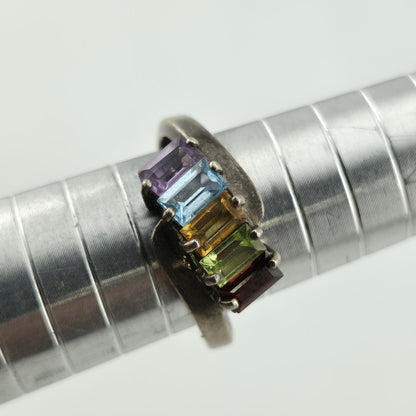 Sterling Silver Rainbow Multi-Gem Baguette Ring, Size 8 925 GNA Jewelry
