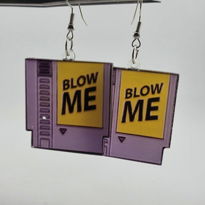 Vintage Style Purple NES Game Cartridge “Blow Me” Dangle Earrings
