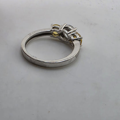 925 Sterling Silver CZ Three Stone Ring Size 8.75 Clear Yellow Stones