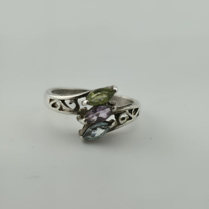 Sterling Silver Ring Stacked Topaz Amethyst Peridot Scroll Bypass Band 925 7.50