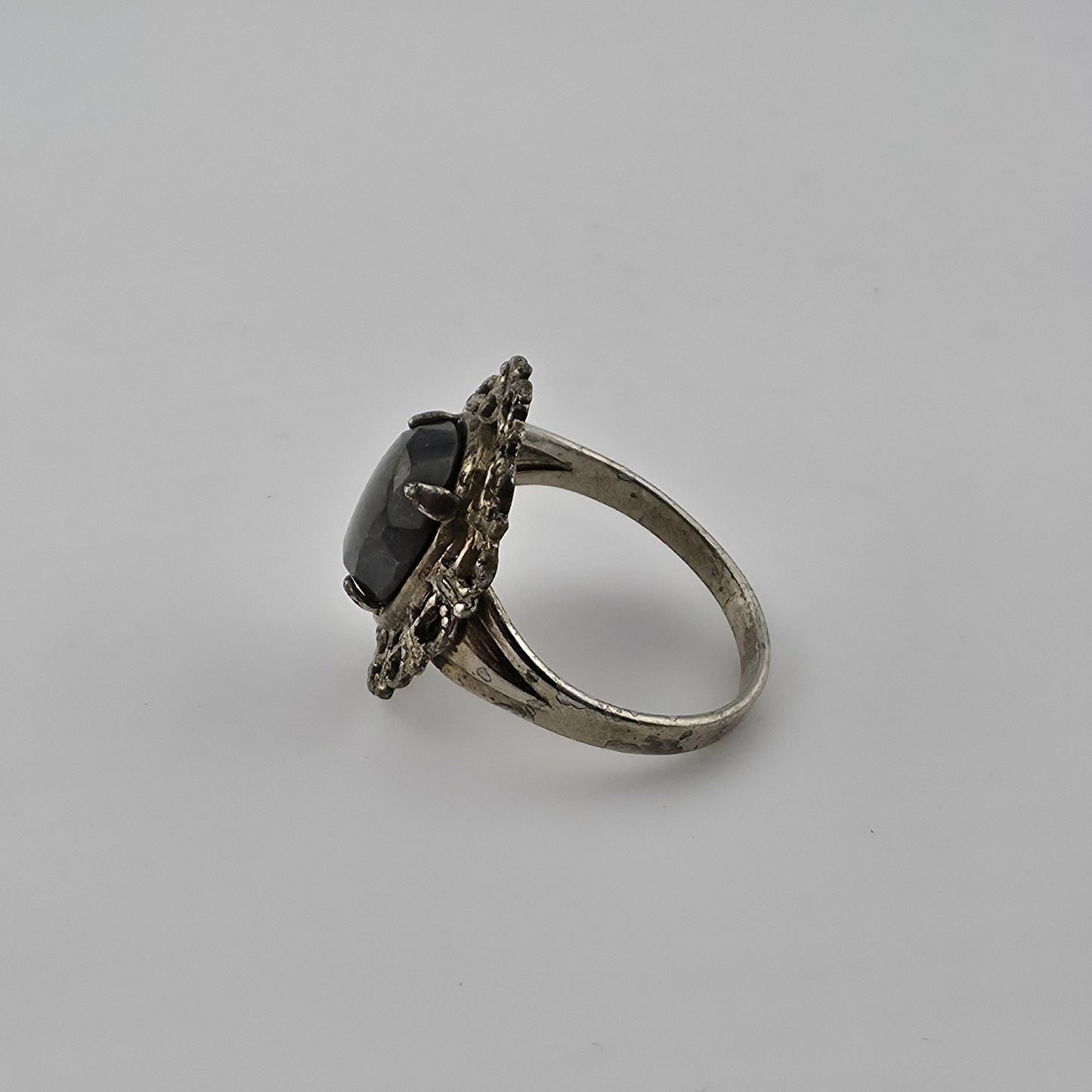 Vintage Mid Century Sterling Silver Black Onyx Ring Size 6.5 Filigree Statement