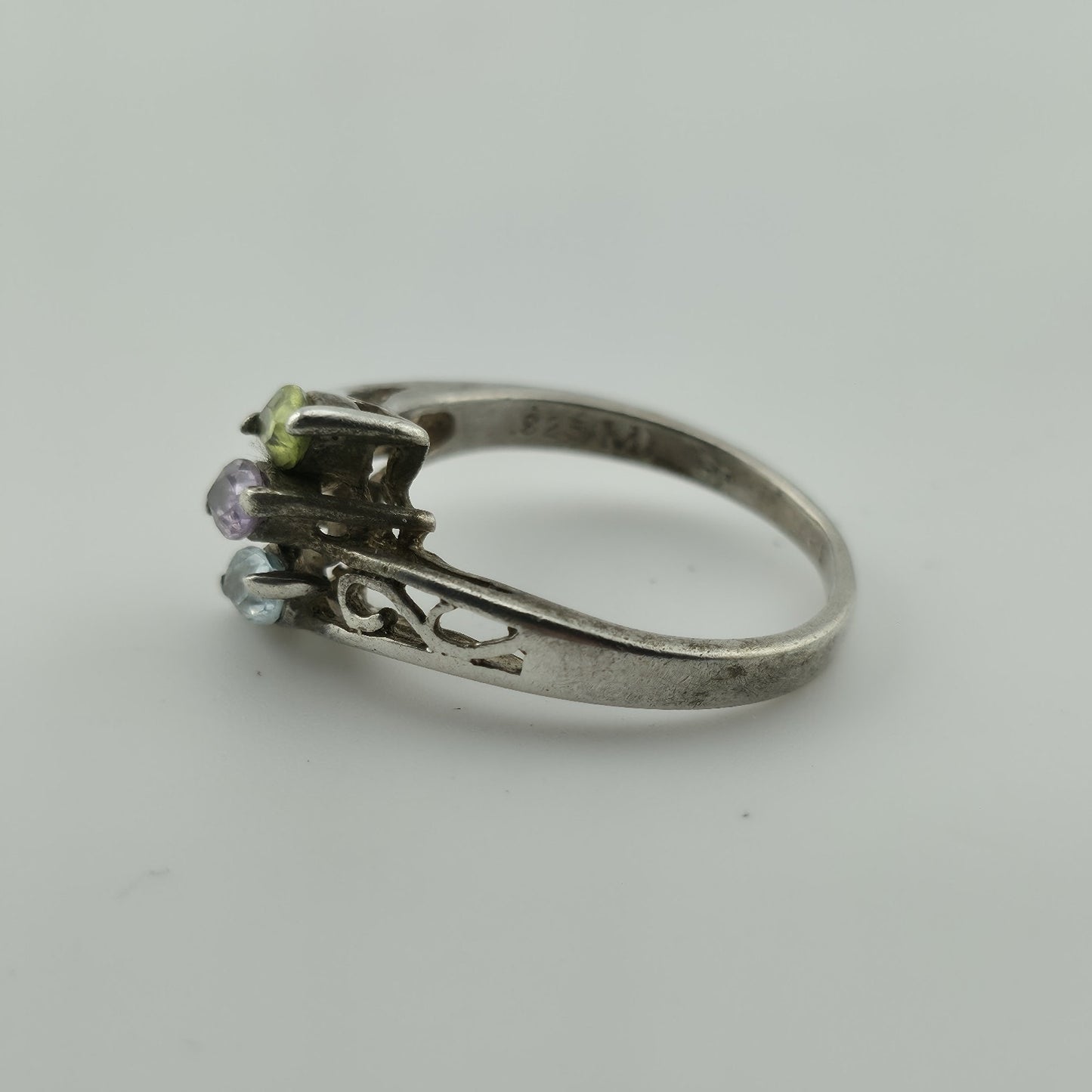 Sterling Silver Ring Stacked Topaz Amethyst Peridot Scroll Bypass Band 925 7.50