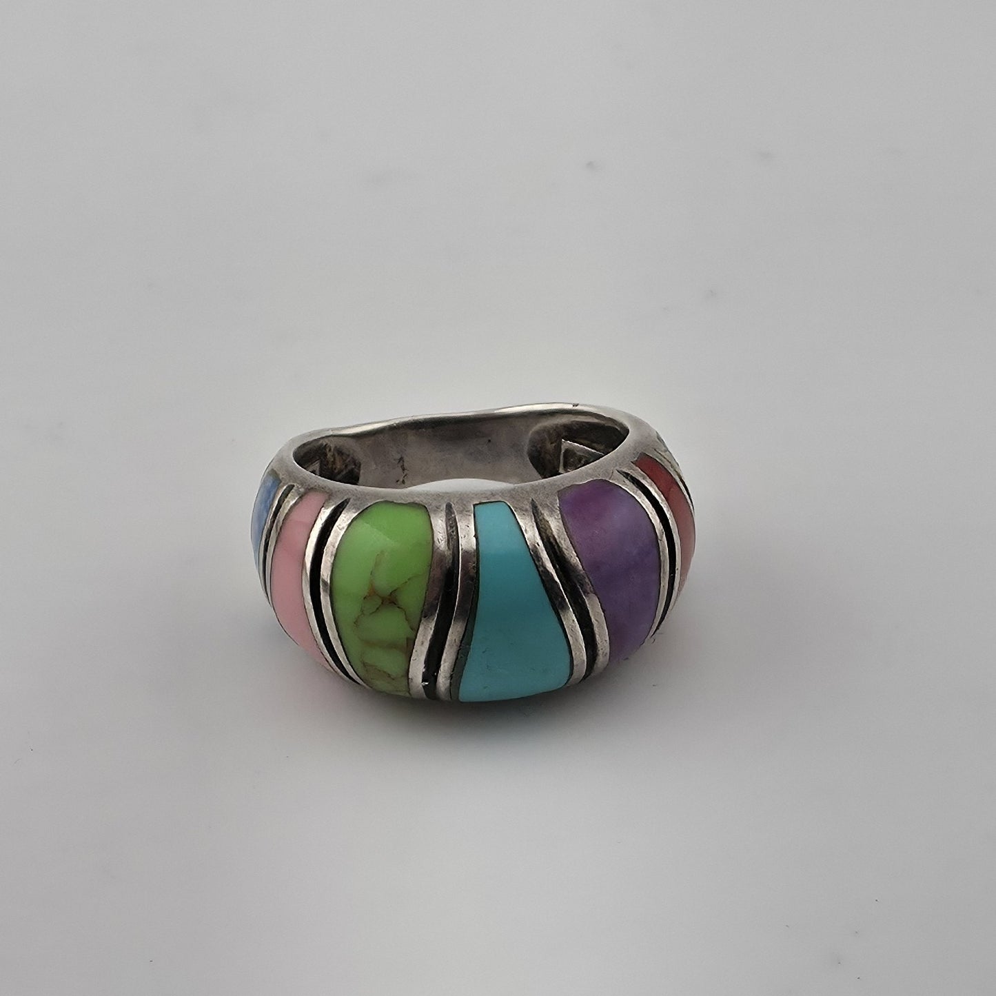 Sterling Silver Multi Color Inlay Ring Southwestern Style Dome Size 5.5