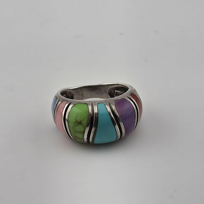 Sterling Silver Multi Color Inlay Ring Southwestern Style Dome Size 5.5
