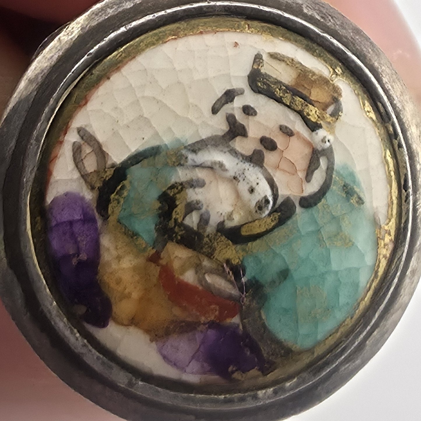 Antique Japanese Satsuma Porcelain Button Ring Sterling Silver Size 5 Jewelry