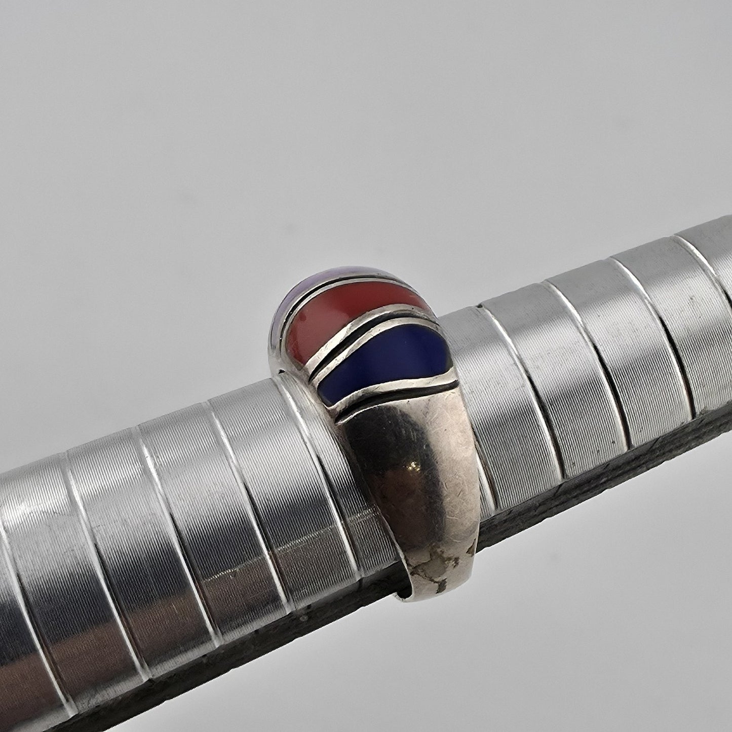 Sterling Silver Multi Color Inlay Ring Southwestern Style Dome Size 5.5
