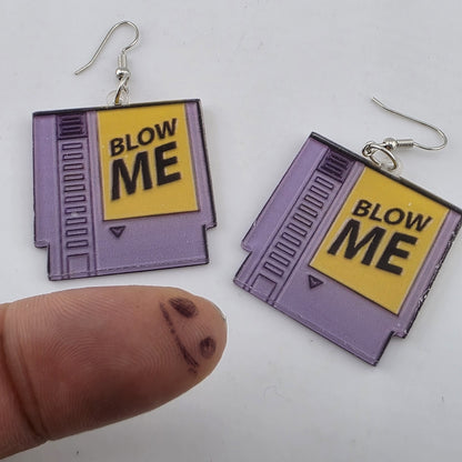 Vintage Style Purple NES Game Cartridge “Blow Me” Dangle Earrings