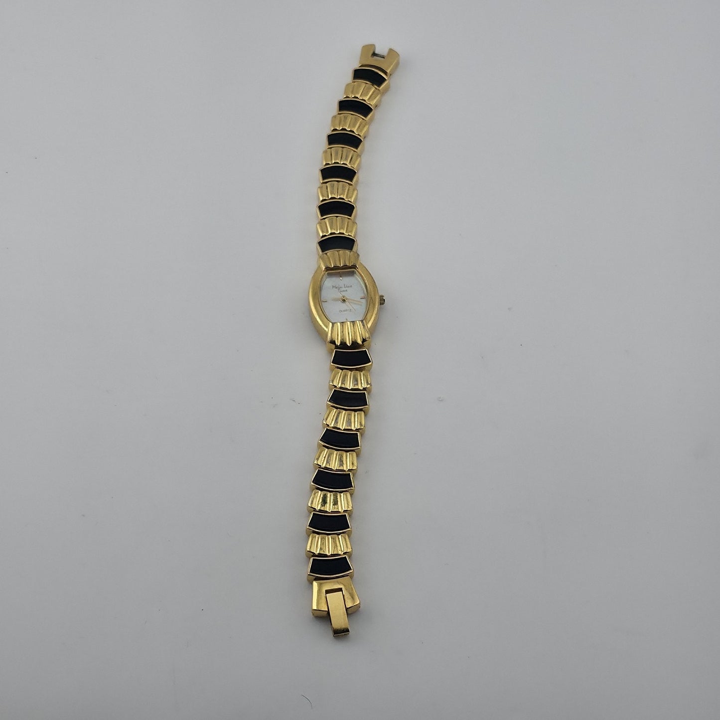 Main Line Time Quartz Watch Gold Tone Black Bracelet Tested Working 7"