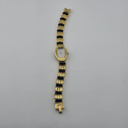 Main Line Time Quartz Watch Gold Tone Black Bracelet Tested Working 7"