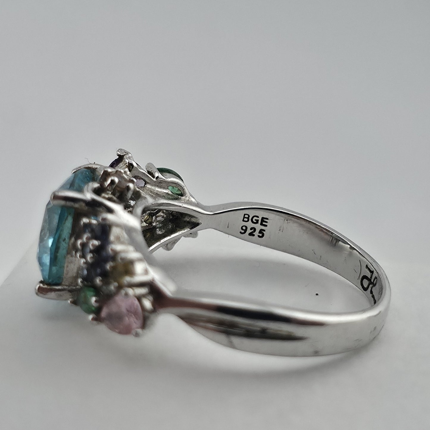 Thomas Kinkade BGE 925 Sterling Silver Multi Gem Floral Ring Blue Stone Size 9
