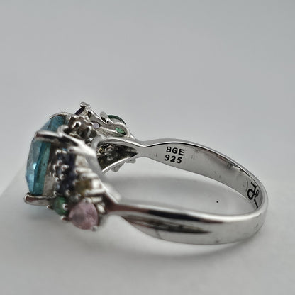Thomas Kinkade BGE 925 Sterling Silver Multi Gem Floral Ring Blue Stone Size 9