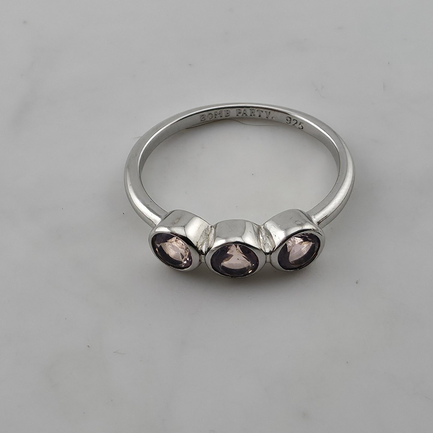 Bomb Party 925 Sterling Silver Purple Amethyst 3 Stone Ring Size 8 Bezel Set