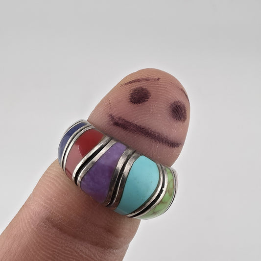 Sterling Silver Multi Color Inlay Ring Southwestern Style Dome Size 5.5