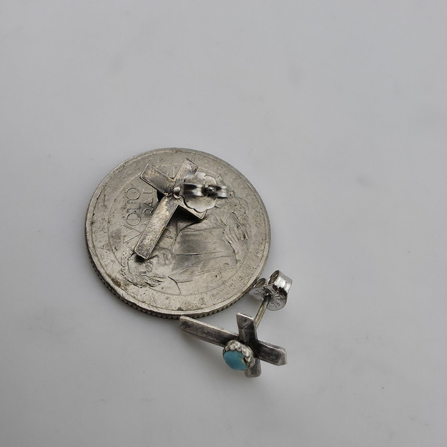 Vintage 925 Sterling Silver Turquoise Cross Stud Earrings Southwestern Faith