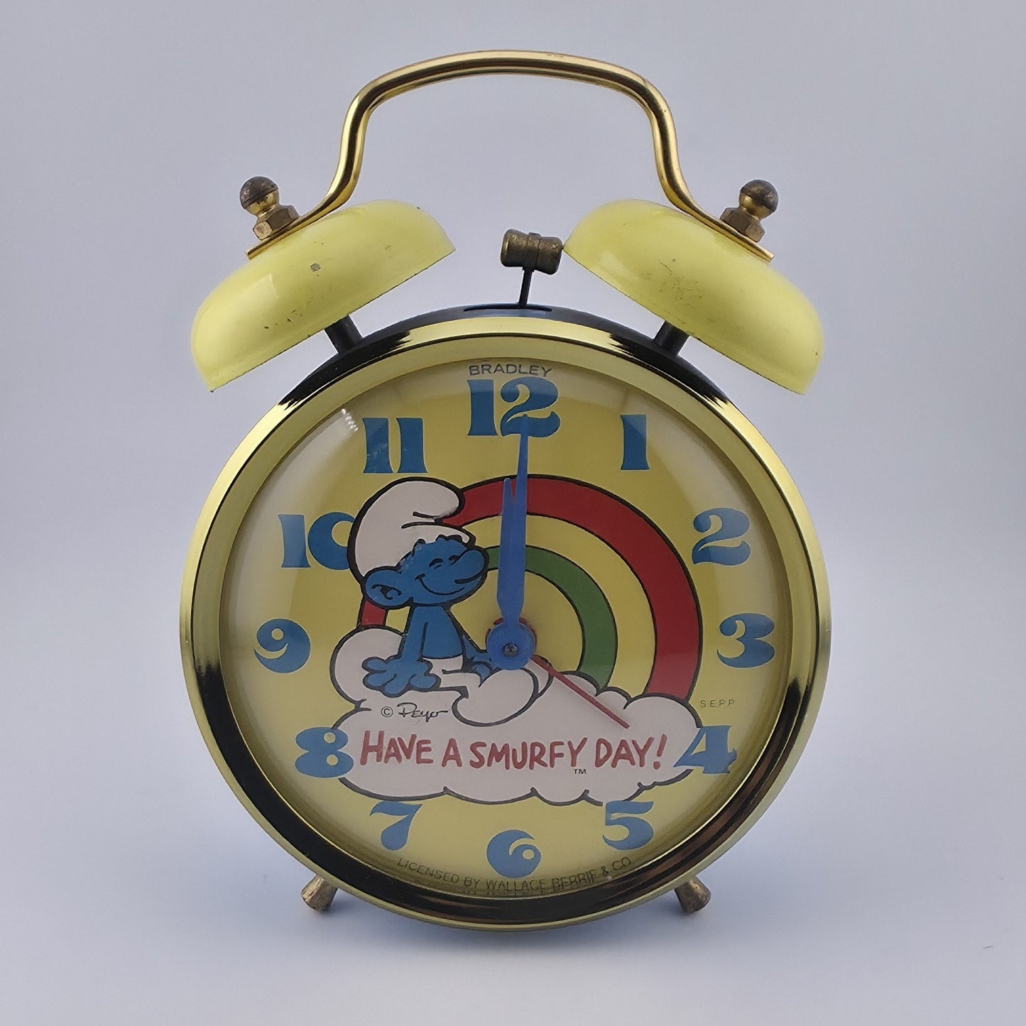 Smurf Double Bell Alarm Clock Bradley Time Blue Yellow Tested Runs Vintage